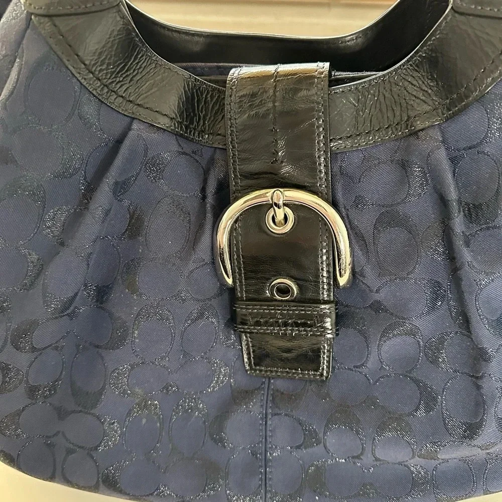COACH Large Dark Blue Leather Trim Travel Business Functional Shoulder Handbag - Picture 11 of 12